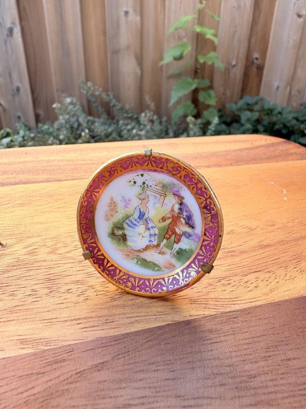 Vintage Miniature Porcelain Wall Plate, Romantic Courting Couple, Purple Gold